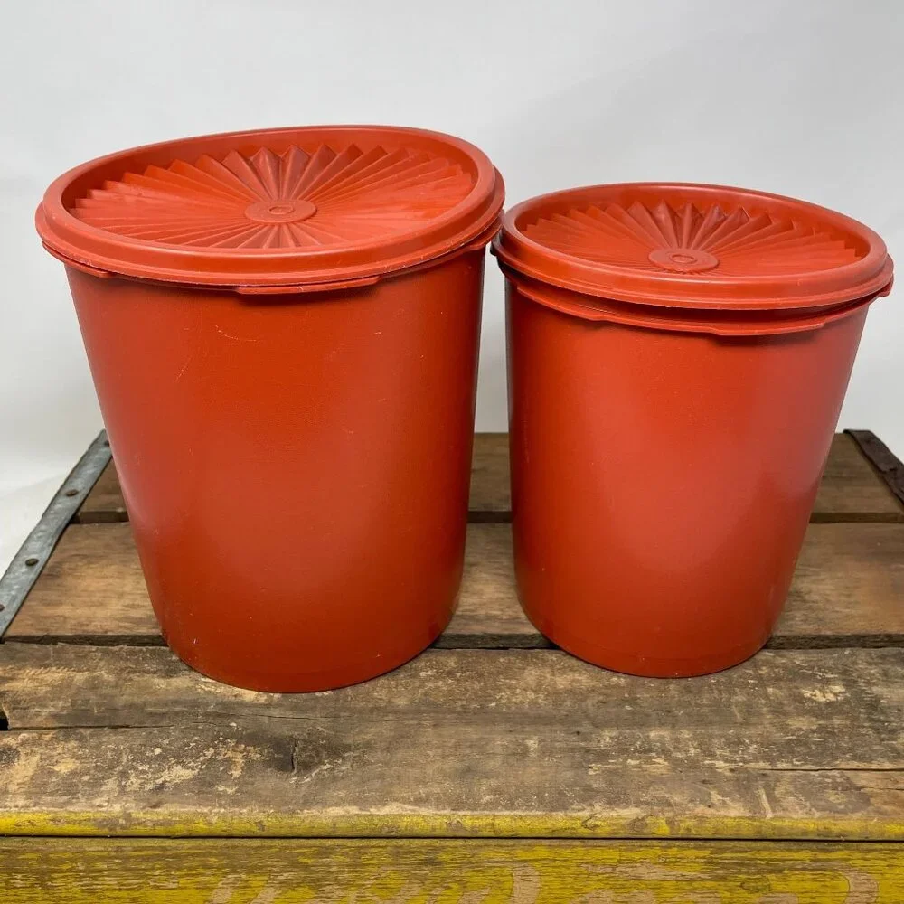 Vintage Tupperware Red Orange Storage Containers Starburst Lids Set Of 2 Nesting